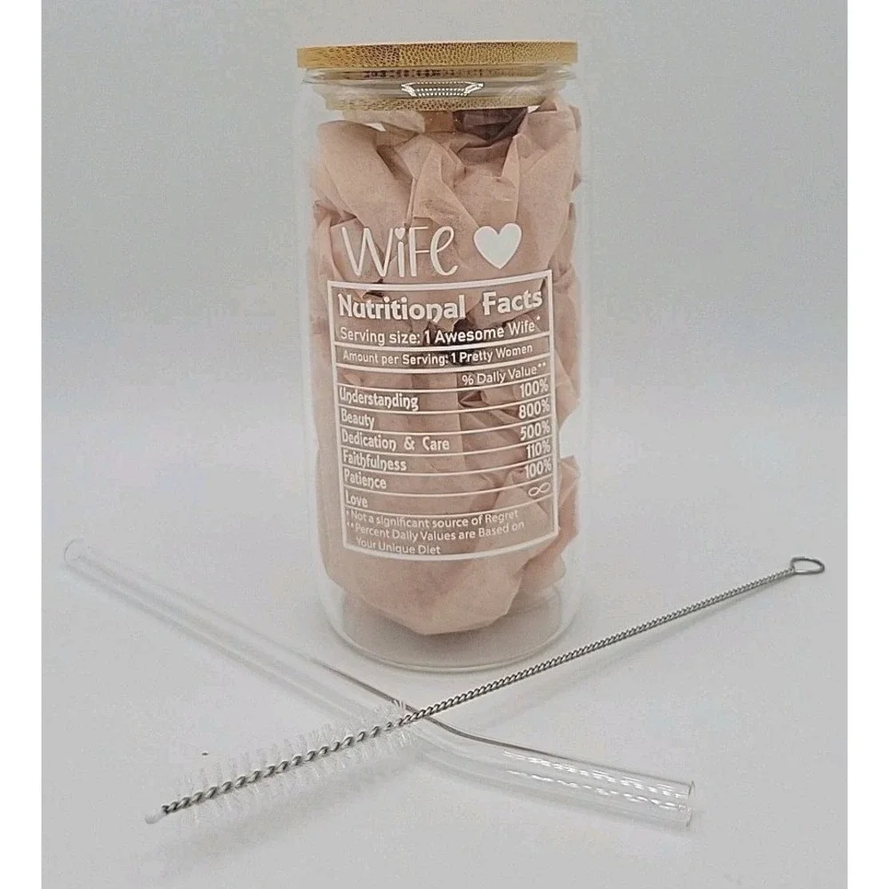 NIB Glass Tumbler Bamboo Lid Glass Straw Funny I'm Not A Spoiled Wife 16oz